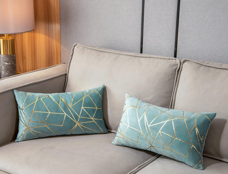 YONGLIU YONGLIU Pack of 2 Soft Velvet Lumbar Throw Pillow Covers DecorativeGold Foil Geometric Pattern Cute Cushion Case for Modern Homes Couch Living Room Sofa Bedroom Car (Light Blue and Gold  12X20 )  - Image 3