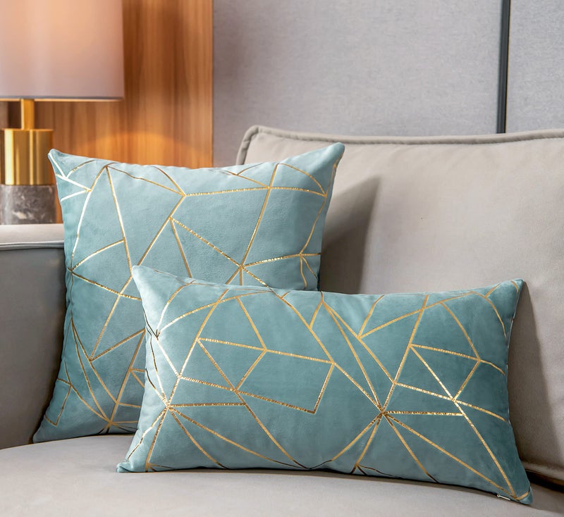 YONGLIU YONGLIU Pack of 2 Soft Velvet Lumbar Throw Pillow Covers DecorativeGold Foil Geometric Pattern Cute Cushion Case for Modern Homes Couch Living Room Sofa Bedroom Car (Light Blue and Gold  12X20 )  - Image 4