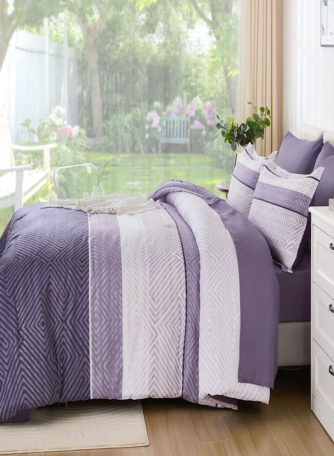 Drucon Purple Comforter Set Queen Size 7 Piece Bed in a Bag, Boho Striped Bedding Set, Soft Microfiber Comforter and Sheet Set for All Season (Queen, 90"x90") - Image 4