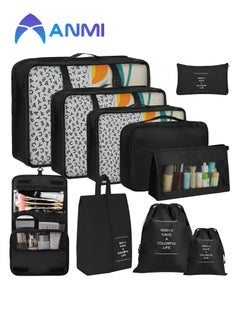 Anmi 10 Set Travel Luggage Bags Packing Organizers Set with Hanging Toiletry Bag Compression Pouches Clothes Suitcase with Toiletry Bag for Man Women (Elegance Black)  - Image 1