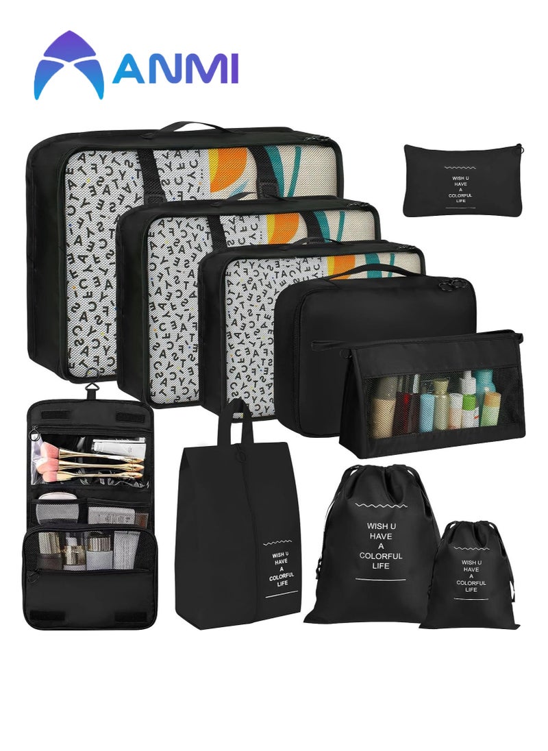 Anmi 10 Set Travel Luggage Bags Packing Organizers Set with Hanging Toiletry Bag Compression Pouches Clothes Suitcase with Toiletry Bag for Man Women (Elegance Black)  - Image 1