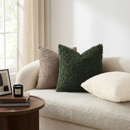 decorUhome Pack of 2 Throw Pillow Covers 20x20 Inch Faux Fur Decorative Sherpa Pillow Covers Fuzzy Accent Soft Sheepskin Fleece Pillow Cases for Couch Living Room Bed Olive Green - Image 3