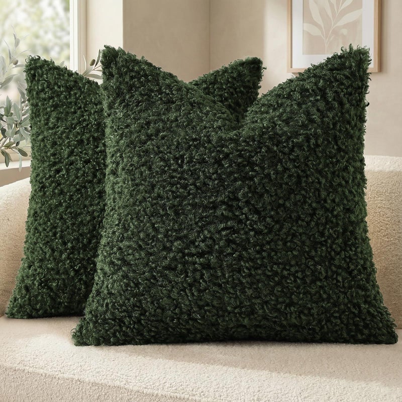 decorUhome Pack of 2 Throw Pillow Covers 20x20 Inch Faux Fur Decorative Sherpa Pillow Covers Fuzzy Accent Soft Sheepskin Fleece Pillow Cases for Couch Living Room Bed Olive Green - Image 2