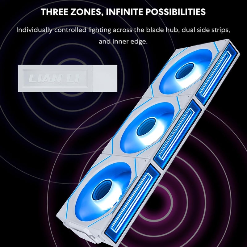 ليان لي مروحة ليان لي UNI Fan SL-Infinity Wireless 120 - حزمة ثلاثية - تحكم مروحة ARGB بإشارة لاسلكية 2.4 جيجاهرتز - تصميم مرآة مزدوجة اللانهاية - ضوضاء منخفضة - يتضمن وحدة تحكم - أبيض (12SLIN1W3W) - Image 3