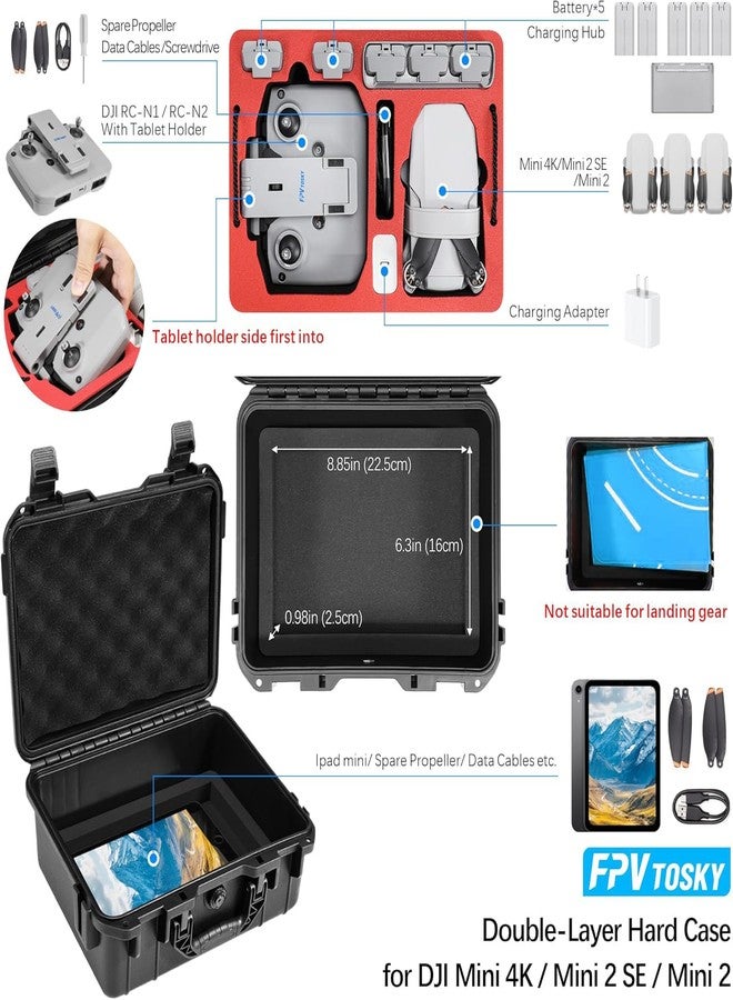 FPVtosky 8-IN-1 Mini 4K/2 SE Accessories Bundle Kit, Dual Layer Hard Case, Tablet Holder, Neck Lanyard Strap, Landing Gear, Propellers Holder for DJI Mini 4K/2/2 SE - Image 2