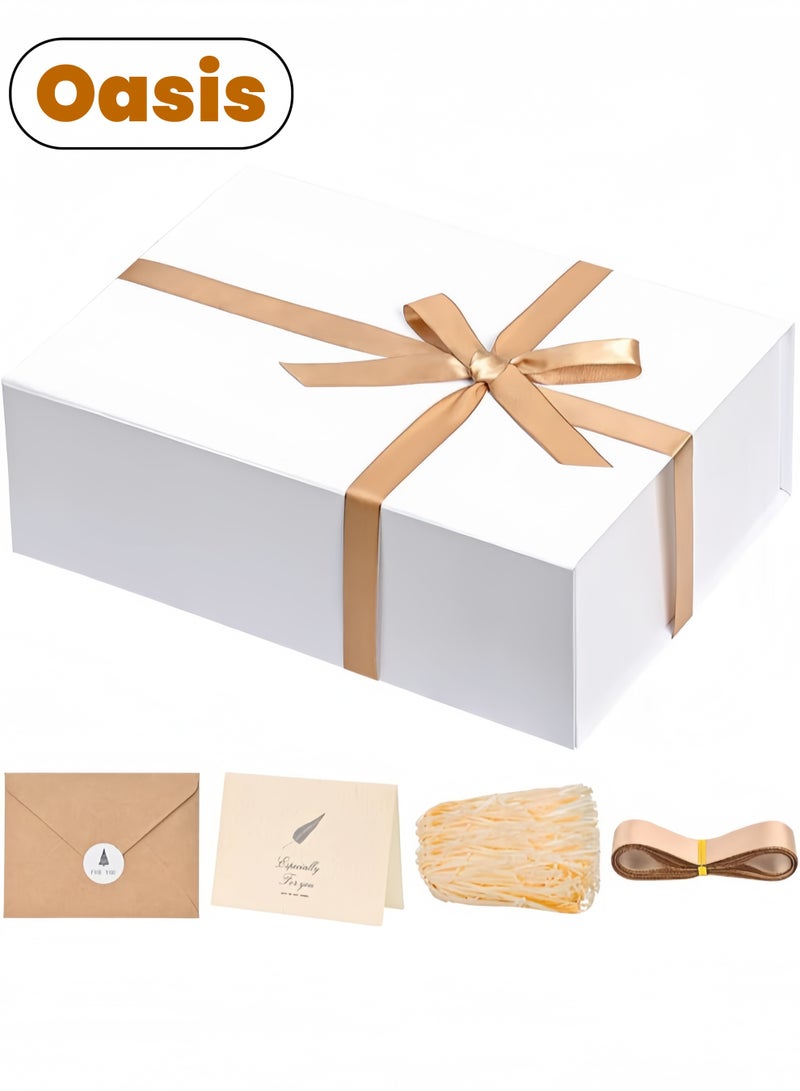 Oasis Premium Magnetic Gift Box with Ribbon and Raffia, 20x14x6cm Luxury White Present Box with Greeting Card and Envelope for Ramadan, Eid, Weddings, Birthdays and Corporate Gifting - Image 1