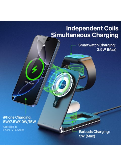 3-in-1 Foldable Magnetic Wireless Charger - Suitable for iPhone/Apple Watch/AirPods, 15W Fast Charging, Premium Aluminum Alloy, Cyberpunk Style, Type C - Type C Interface, Portable Stand, Portable Travel, Also Suitable for Samsung/Huawei/Xiaomi and Other Mobile Phones/Earphones with Magnetic Charging Function (Silver)