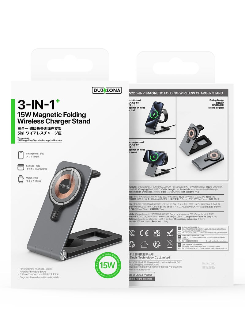 3-in-1 Foldable Magnetic Wireless Charger - Suitable for iPhone/Apple Watch/AirPods, 15W Fast Charging, Premium Aluminum Alloy, Cyberpunk Style, Type C - Type C Interface, Portable Stand, Portable Travel, Also Suitable for Samsung/Huawei/Xiaomi and Other Mobile Phones/Earphones with Magnetic Charging Function (Silver)