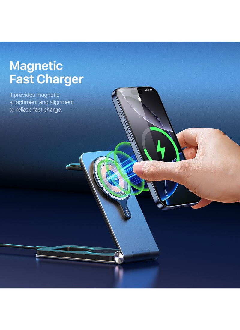 3-in-1 Foldable Magnetic Wireless Charger - Suitable for iPhone/Apple Watch/AirPods, 15W Fast Charging, Premium Aluminum Alloy, Cyberpunk Style, Type C - Type C Interface, Portable Stand, Portable Travel, Also Suitable for Samsung/Huawei/Xiaomi and Other Mobile Phones/Earphones with Magnetic Charging Function (Silver)