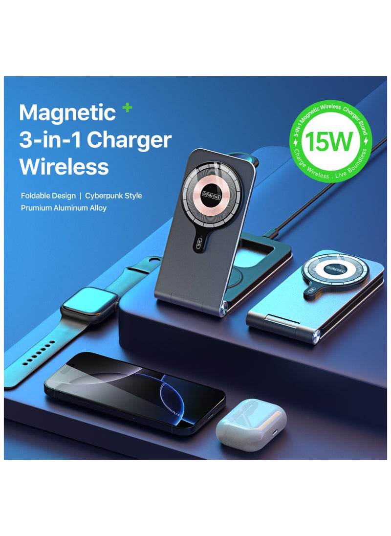 3-in-1 Foldable Magnetic Wireless Charger - Suitable for iPhone/Apple Watch/AirPods, 15W Fast Charging, Premium Aluminum Alloy, Cyberpunk Style, Type C - Type C Interface, Portable Stand, Portable Travel, Also Suitable for Samsung/Huawei/Xiaomi and Other Mobile Phones/Earphones with Magnetic Charging Function (Silver)