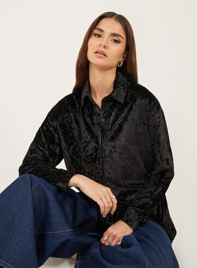 Styli Velvet Look Oversized Longline Shirt  - Image 1