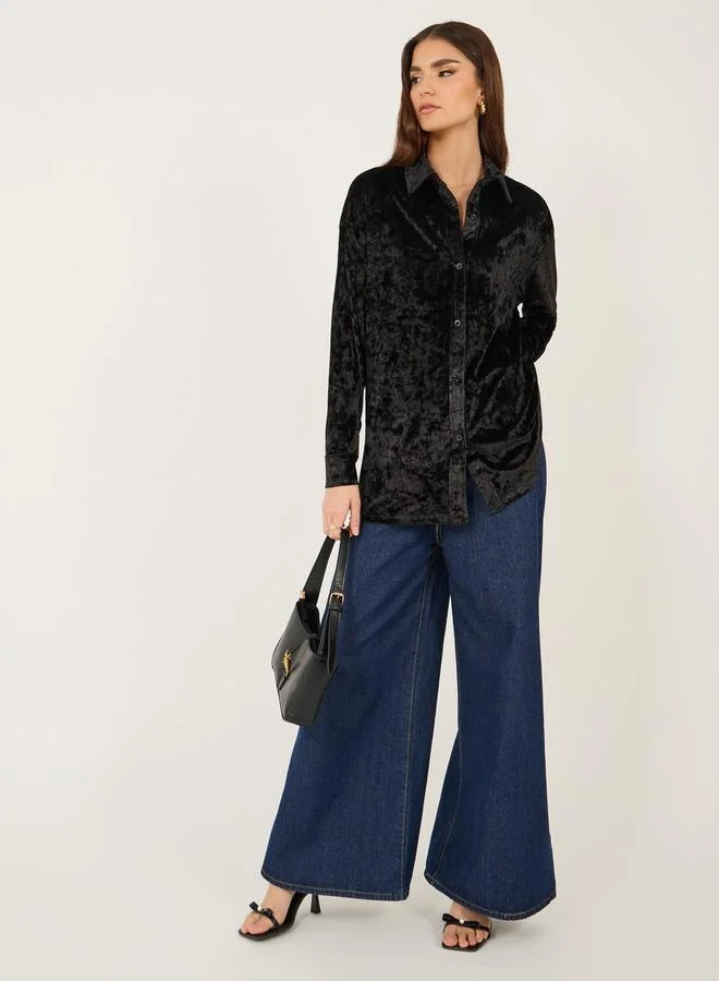 Styli Velvet Look Oversized Longline Shirt
