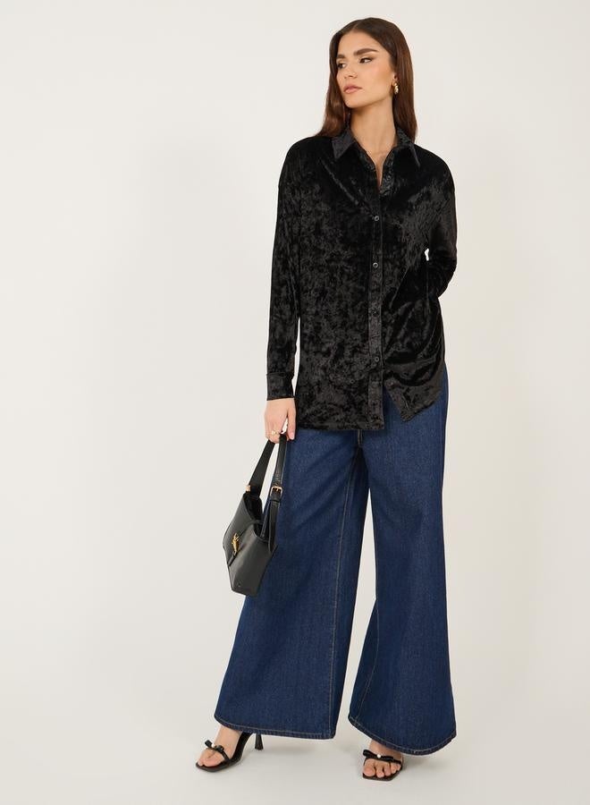 Styli Velvet Look Oversized Longline Shirt  - Image 3