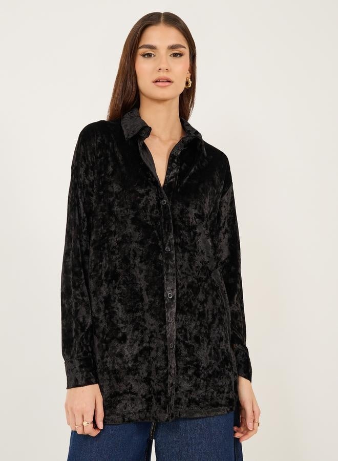 Styli Velvet Look Oversized Longline Shirt  - Image 2