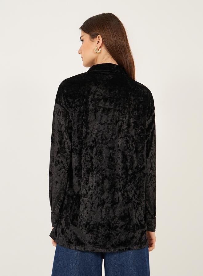 Styli Velvet Look Oversized Longline Shirt  - Image 5