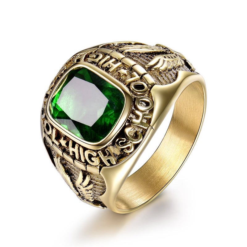MASOP High School Stainless Steel Emerald Color Green Cubic Zirconia Rings for Men Size 9 - Image 5