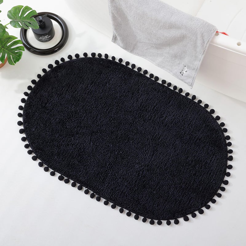 YIRDDEO Bath Mat Black Rug with Pom Oval Bathroom Rugs for Bedroom Non Slip Cute Boho Absorbent Mats Soft Plush Washable Rug (20x30 inches) - Image 4