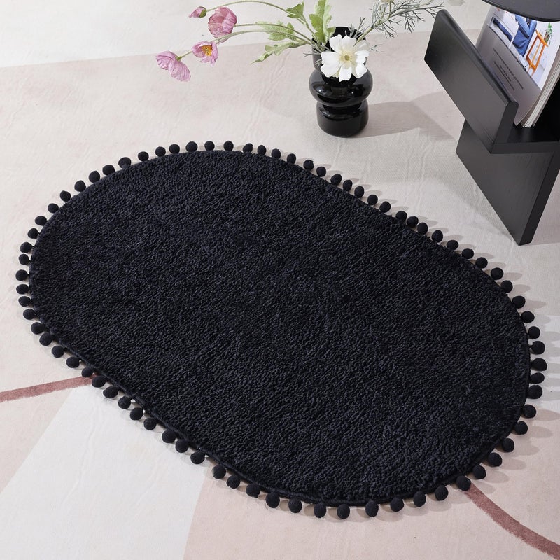 YIRDDEO Bath Mat Black Rug with Pom Oval Bathroom Rugs for Bedroom Non Slip Cute Boho Absorbent Mats Soft Plush Washable Rug (20x30 inches) - Image 2