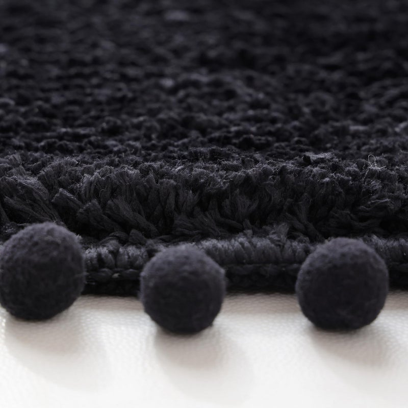 YIRDDEO Bath Mat Black Rug with Pom Oval Bathroom Rugs for Bedroom Non Slip Cute Boho Absorbent Mats Soft Plush Washable Rug (20x30 inches) - Image 3