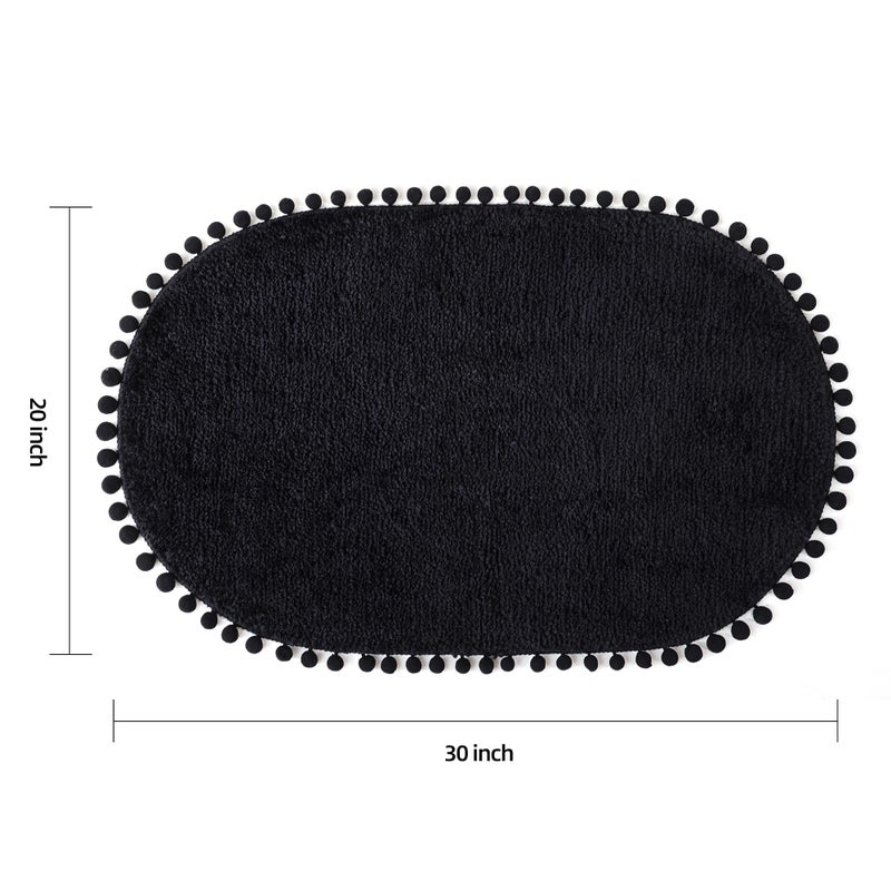 YIRDDEO Bath Mat Black Rug with Pom Oval Bathroom Rugs for Bedroom Non Slip Cute Boho Absorbent Mats Soft Plush Washable Rug (20x30 inches) - Image 1