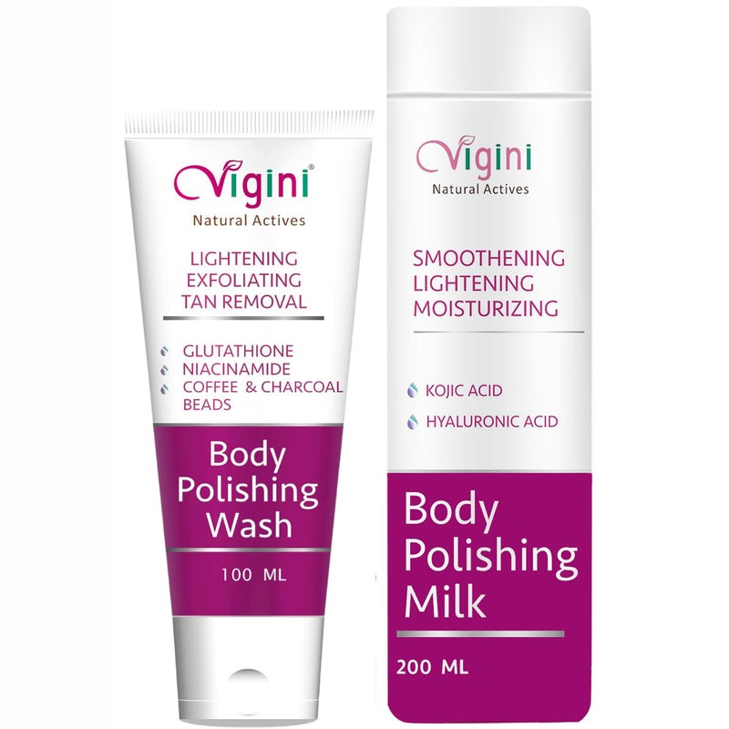 Vigini Exfoliating Pigmentation Dark Spots Dull Skin DeTan Dtan Removal Glutathione Coffee Scrub Body Wash & 1% Kojic Acid Vitamin C Lightening Brightening Moisturizer Body Lotion Men Women 300 ml - Image 1