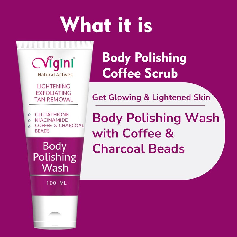 Vigini Exfoliating Pigmentation Dark Spots Dull Skin DeTan Dtan Removal Glutathione Coffee Scrub Body Wash & 1% Kojic Acid Vitamin C Lightening Brightening Moisturizer Body Lotion Men Women 300 ml - Image 5