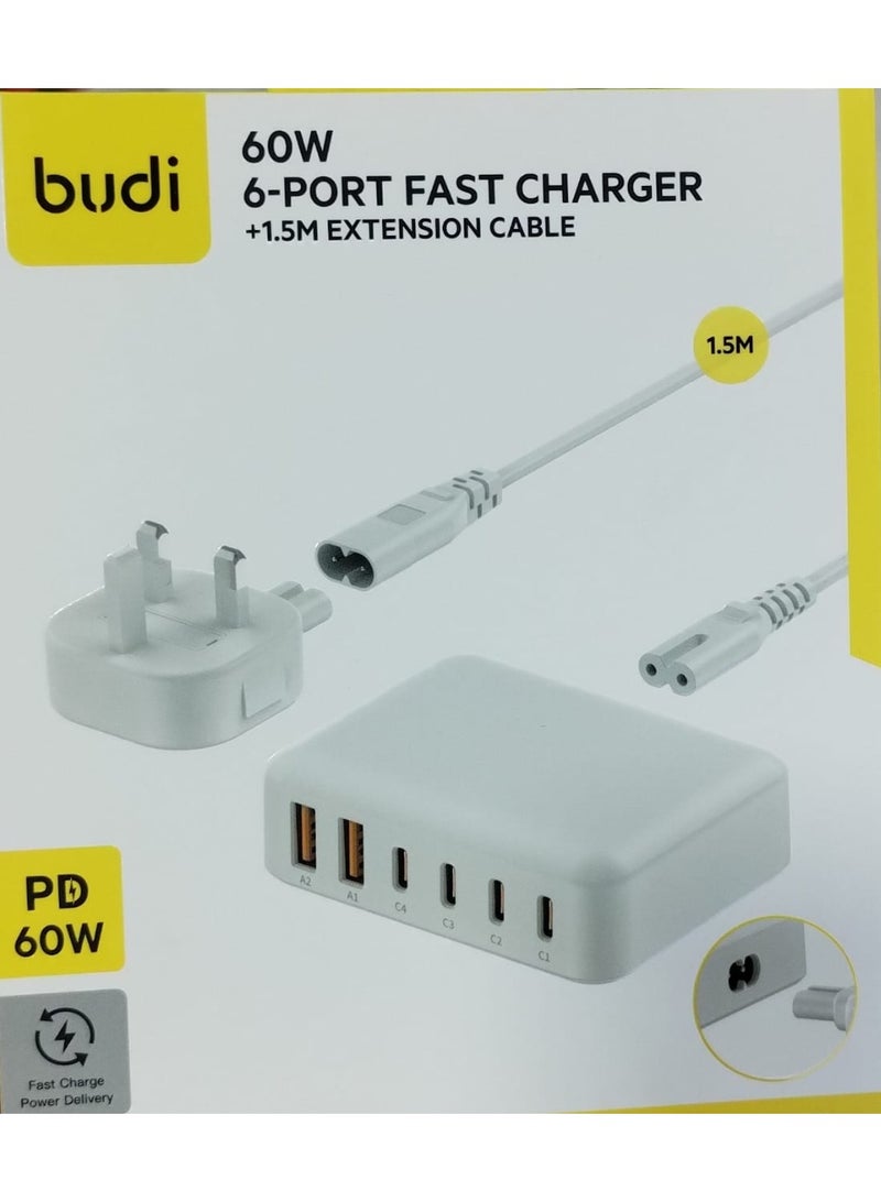 بودي شاحن سريع AC318UW بقوة 60 واط شحن سريع مع 2 منفذ USB و 4 منافذ تايب سي مزود بكابل بطول 1.5 متر وقابس بريطاني - Image 5