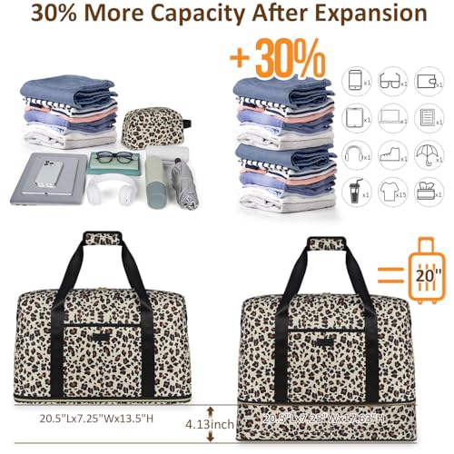 Capolo Expandable Travel Duffle Bag, Waterproof Weekender Overnight Bags for Women Men Hospital Bag for Women Labor Delivery Carry on Bag with Toiletry Bag for Travel Gym Airplanes(Leopard, Large) - Image 3