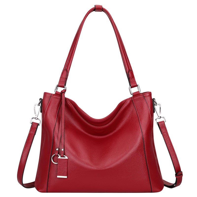 Over Earth Genuine Leather Purses for Women Casual Hobo Shoulder Handbags Large Crossbody Bags O103E Red Wine