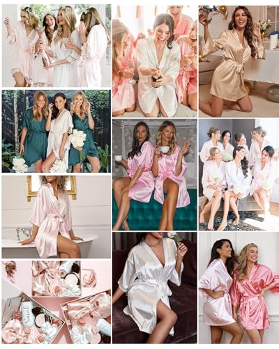 Vlazom Women's Kimono Robes Short Satin Silk Bridal Party Robe with Oblique V-Neck - Image 5