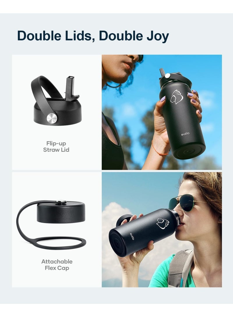 40 أوقية زجاجة مياه، (باردة لمدة 48 ساعة) 1200 مل معزول الفولاذ المقاوم للصدأ زجاجة المياه مع غطاء القش وحمل كم، واسعة الفم تسرب دليل على BPA خالية من الحرارة مقصف للمكتب الرياضي، أسود - view 3