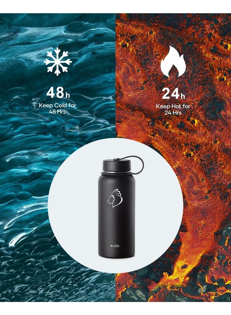 40 أوقية زجاجة مياه، (باردة لمدة 48 ساعة) 1200 مل معزول الفولاذ المقاوم للصدأ زجاجة المياه مع غطاء القش وحمل كم، واسعة الفم تسرب دليل على BPA خالية من الحرارة مقصف للمكتب الرياضي، أسود - view 2