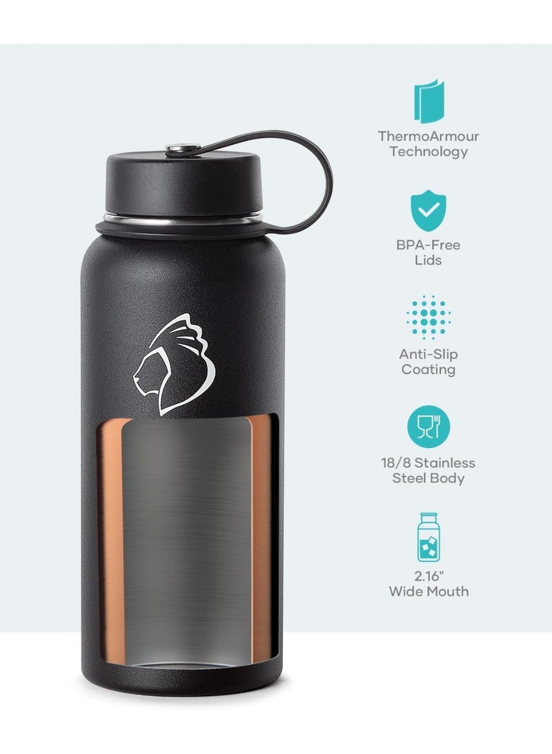 40 أوقية زجاجة مياه، (باردة لمدة 48 ساعة) 1200 مل معزول الفولاذ المقاوم للصدأ زجاجة المياه مع غطاء القش وحمل كم، واسعة الفم تسرب دليل على BPA خالية من الحرارة مقصف للمكتب الرياضي، أسود - view 4