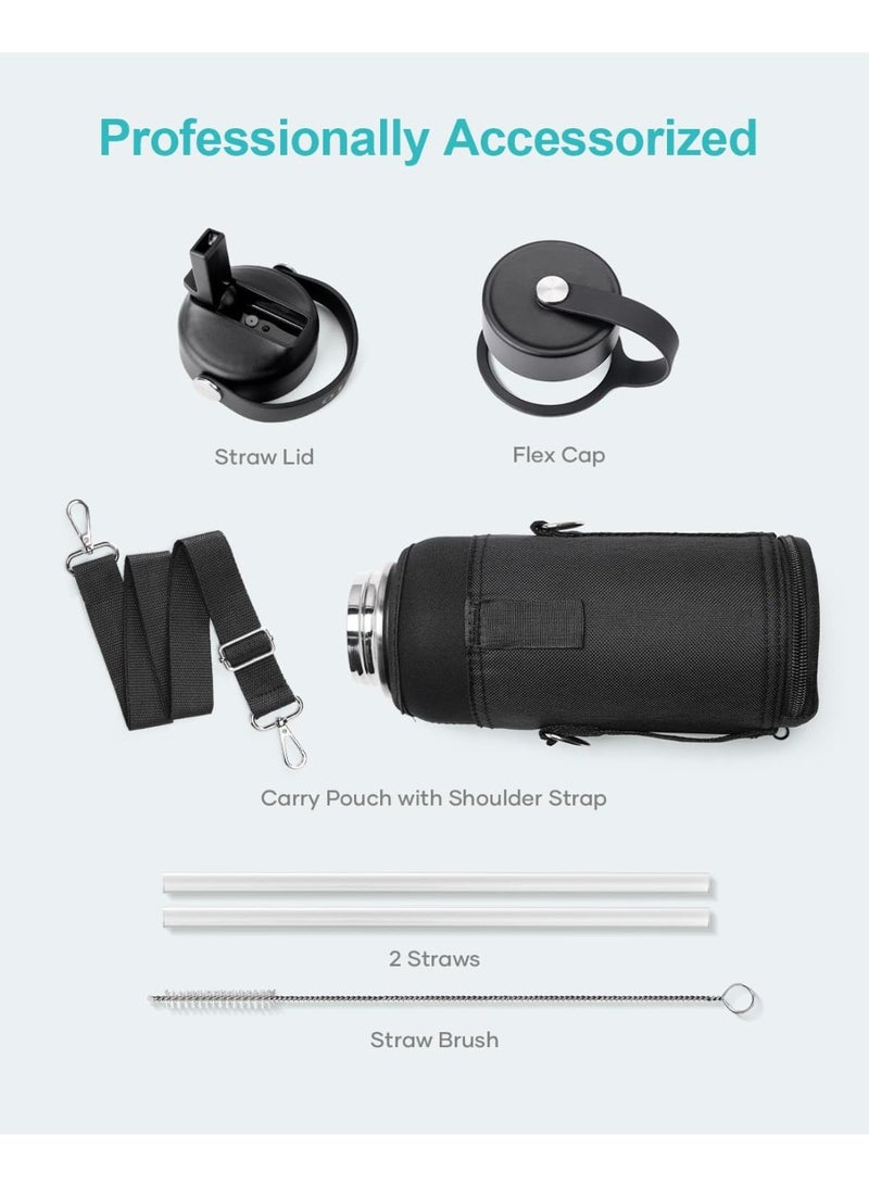 40 أوقية زجاجة مياه، (باردة لمدة 48 ساعة) 1200 مل معزول الفولاذ المقاوم للصدأ زجاجة المياه مع غطاء القش وحمل كم، واسعة الفم تسرب دليل على BPA خالية من الحرارة مقصف للمكتب الرياضي، أسود - view 5