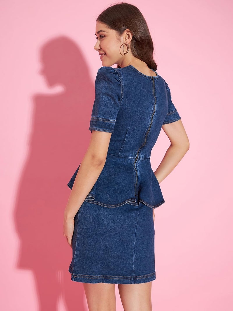 StyleStone Women's Denim Lycra Peplum Style Knee-Length Dress (4148Puffpepdrsxxl) - Image 2