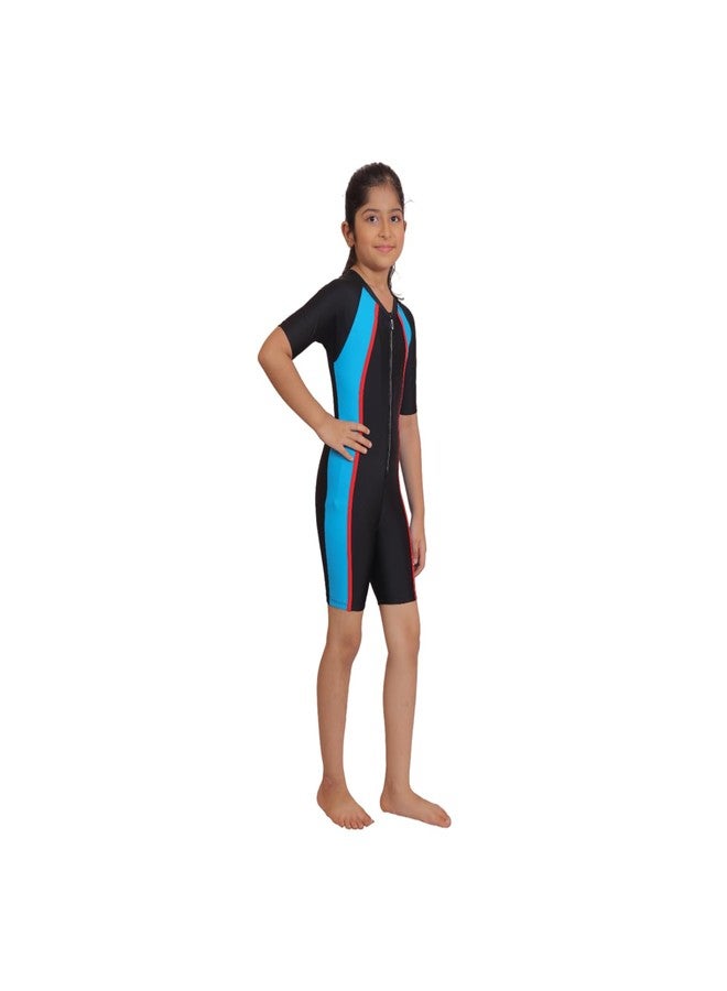 AASHRAY One-Piece Half Sleeves Knee Length 4-Way Stretchable UV & Chlorine Resistance, Anti-Tanning Unisex Skating Cum Swimming Costume for Boy's, & Girl's | Competition | Training | (36, Black) - Image 1