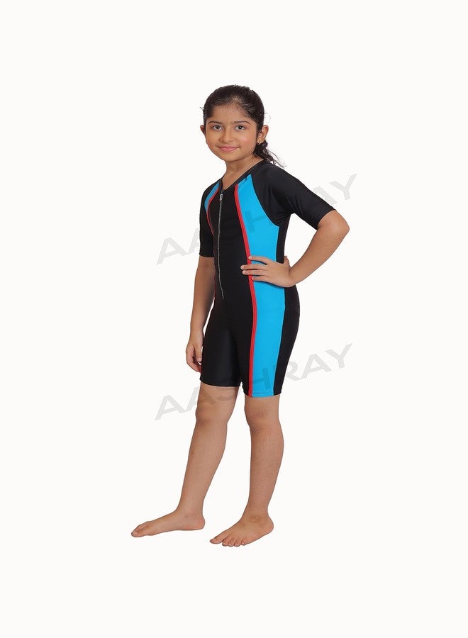 AASHRAY One-Piece Half Sleeves Knee Length 4-Way Stretchable UV & Chlorine Resistance, Anti-Tanning Unisex Skating Cum Swimming Costume for Boy's, & Girl's | Competition | Training | (36, Black) - Image 2