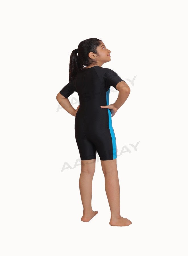 AASHRAY One-Piece Half Sleeves Knee Length 4-Way Stretchable UV & Chlorine Resistance, Anti-Tanning Unisex Skating Cum Swimming Costume for Boy's, & Girl's | Competition | Training | (36, Black) - Image 3