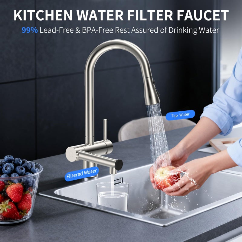 FEELSO Kitchen Faucets with Filtered, Stainless Steel Filter Kitchen Faucet with Pull Down Sprayer Reduces Lead, Chlorine, Bad Taste & Odor,High Arc Kitchen Sink Faucet 1 or 3 Hole for Farmhouse - Image 3