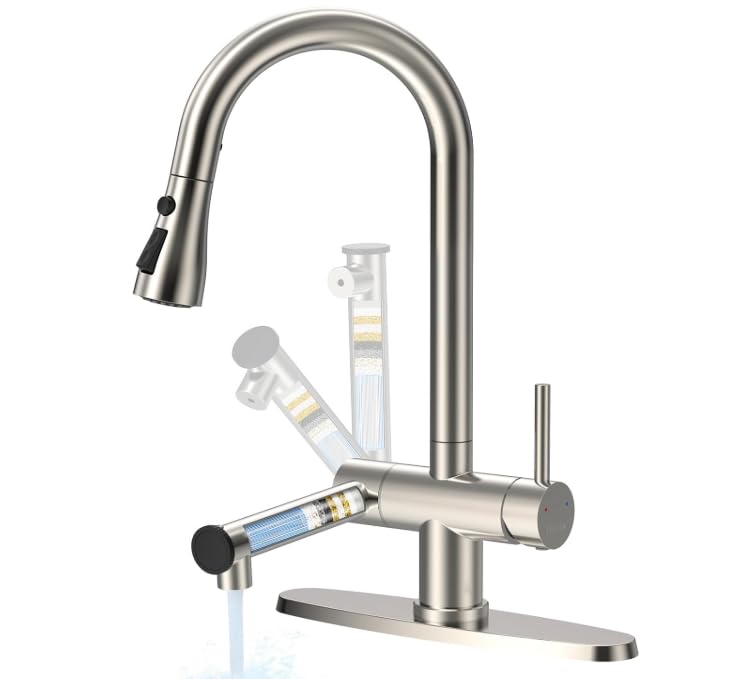FEELSO Kitchen Faucets with Filtered, Stainless Steel Filter Kitchen Faucet with Pull Down Sprayer Reduces Lead, Chlorine, Bad Taste & Odor,High Arc Kitchen Sink Faucet 1 or 3 Hole for Farmhouse - Image 4