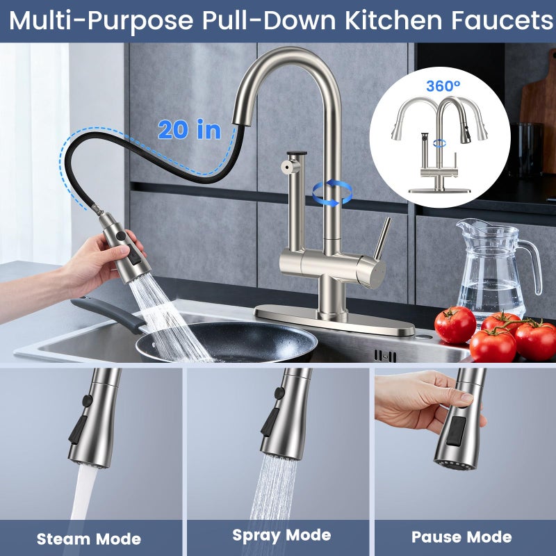 FEELSO Kitchen Faucets with Filtered, Stainless Steel Filter Kitchen Faucet with Pull Down Sprayer Reduces Lead, Chlorine, Bad Taste & Odor,High Arc Kitchen Sink Faucet 1 or 3 Hole for Farmhouse - Image 5