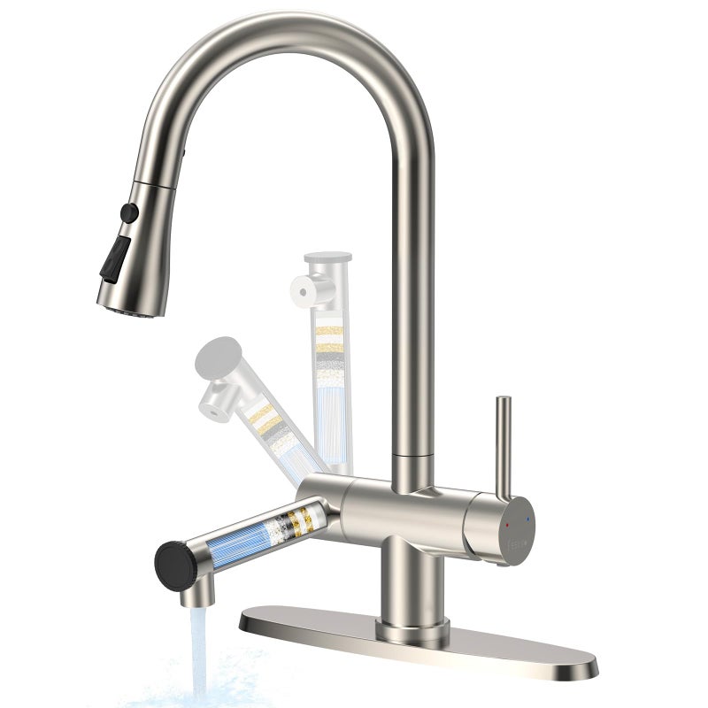 FEELSO Kitchen Faucets with Filtered, Stainless Steel Filter Kitchen Faucet with Pull Down Sprayer Reduces Lead, Chlorine, Bad Taste & Odor,High Arc Kitchen Sink Faucet 1 or 3 Hole for Farmhouse - Image 1