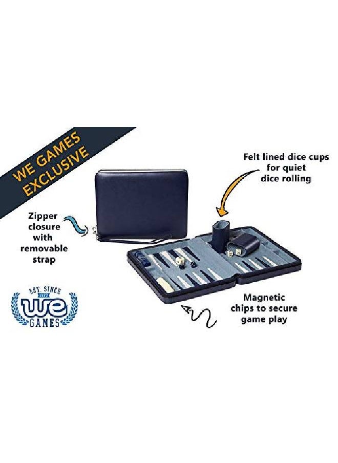 WE Games Magnetic Backgammon Set With Navy Blue Leatherette Case And Carrying Strap Travel Size  - Image 4