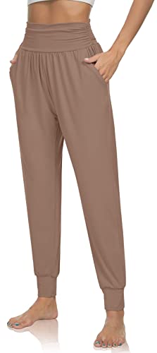 UEU Women's High Waisted Yoga Joggers Pants Loose Fitting Fitness Workout Sweatpants Comfy Lounge Pant with Pockets(LightCoffee,M) - Image 2