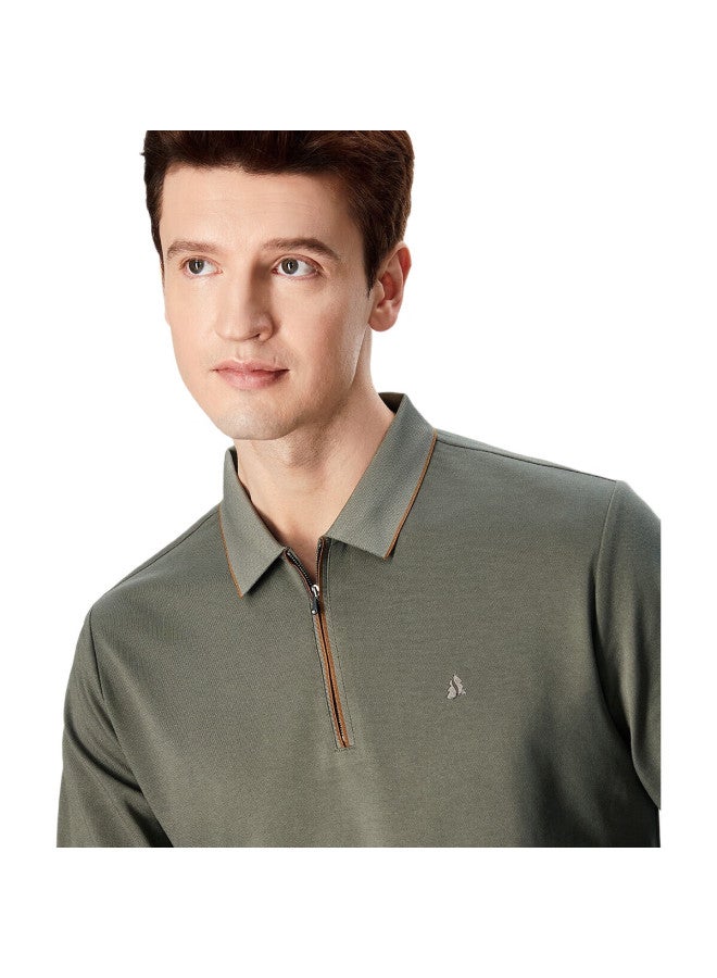 FIRS Zipper Collar T-Shirt For Men, Long Sleeve Spring And Autumn Business Casual Solid Color Cotton Comfortable Top - Image 1