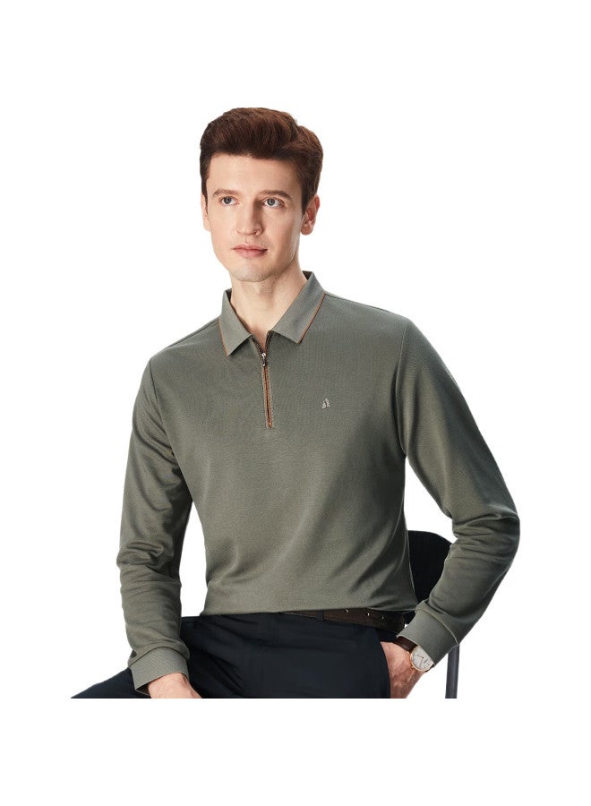 FIRS Zipper Collar T-Shirt For Men, Long Sleeve Spring And Autumn Business Casual Solid Color Cotton Comfortable Top - Image 2