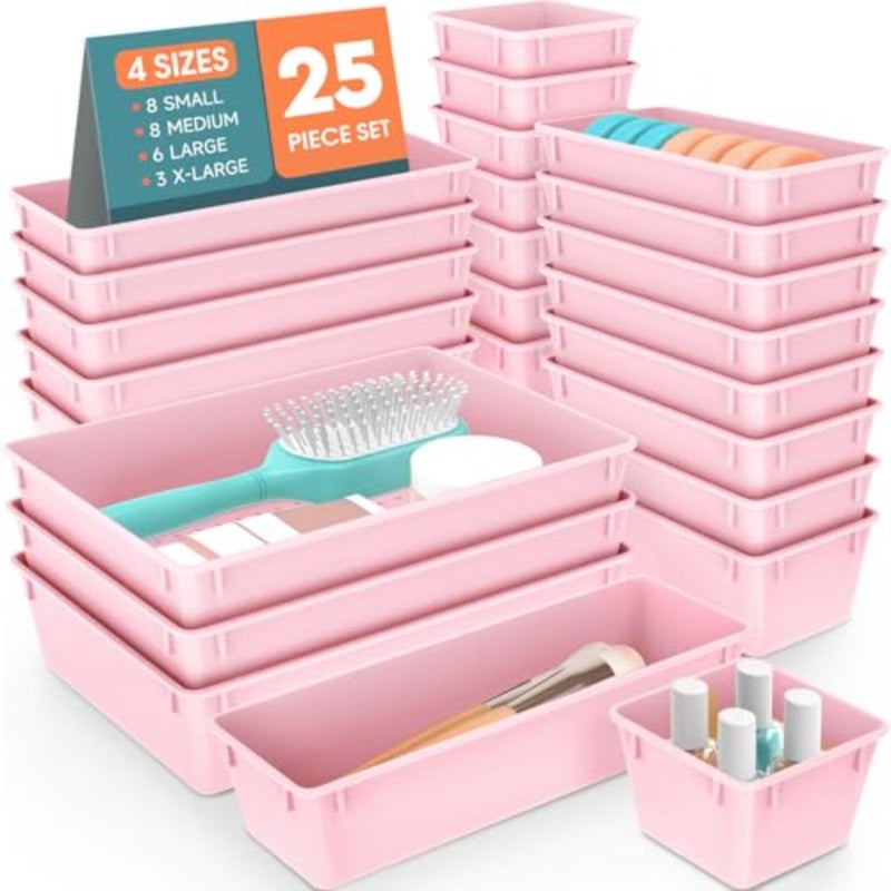 25 PCS Plastic Drawer Organizer Set, 4 Sizes Desk Drawer Divider Organizers and Storage Bins for Makeup, Jewelry, Gadgets for Kitchen, Bedroom, Bathroom, Office