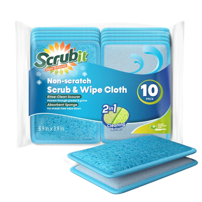 Scrub and Wipe Cleaning Sponges 10 Pack SCRUBIT Dual Sided Scouring Pad and Sponge Reusable Kitchen Scrubbing Sponges for Dishes Pots Pans Utensils NonStick Cookware Blue