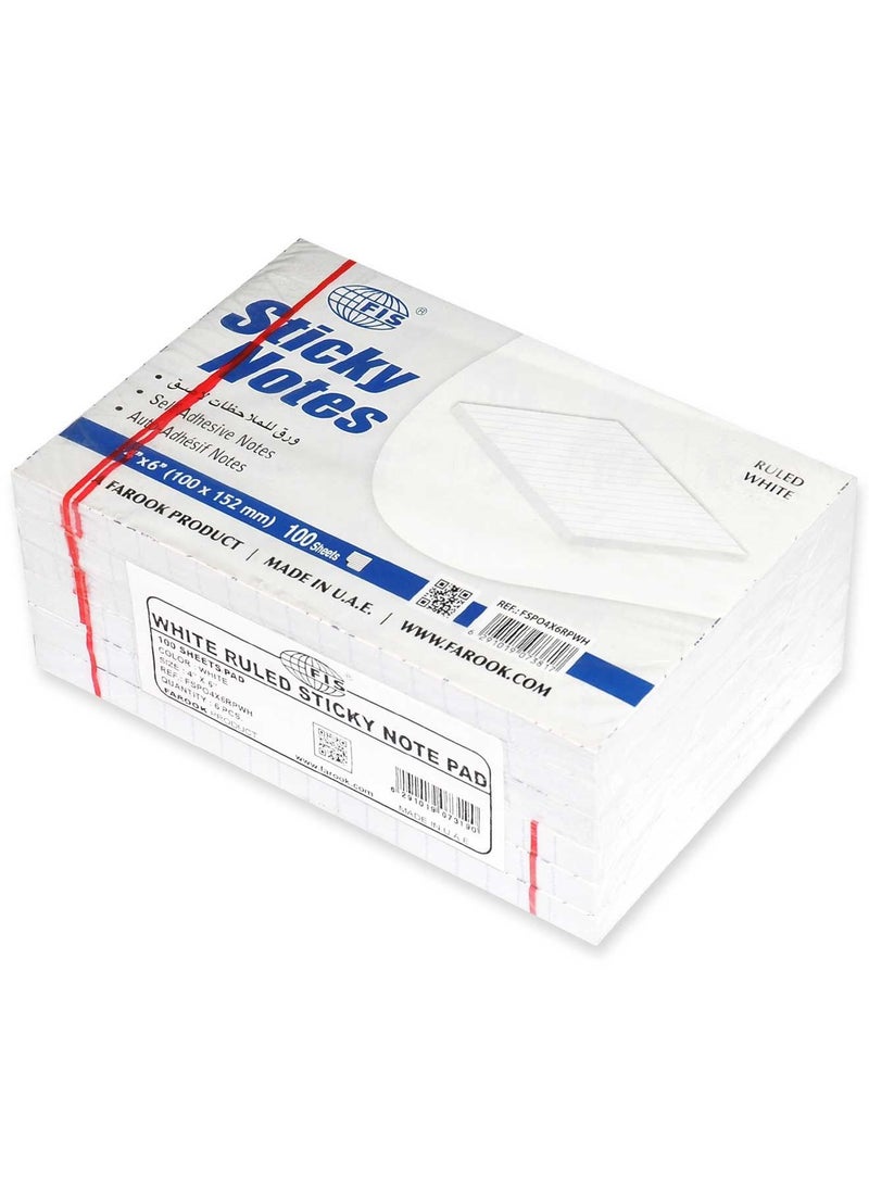 FIS Sticky Note Pad, 4X6 inches, Pack of 6, Ruled Pastel White -FSPO4X6RPWH - Image 1