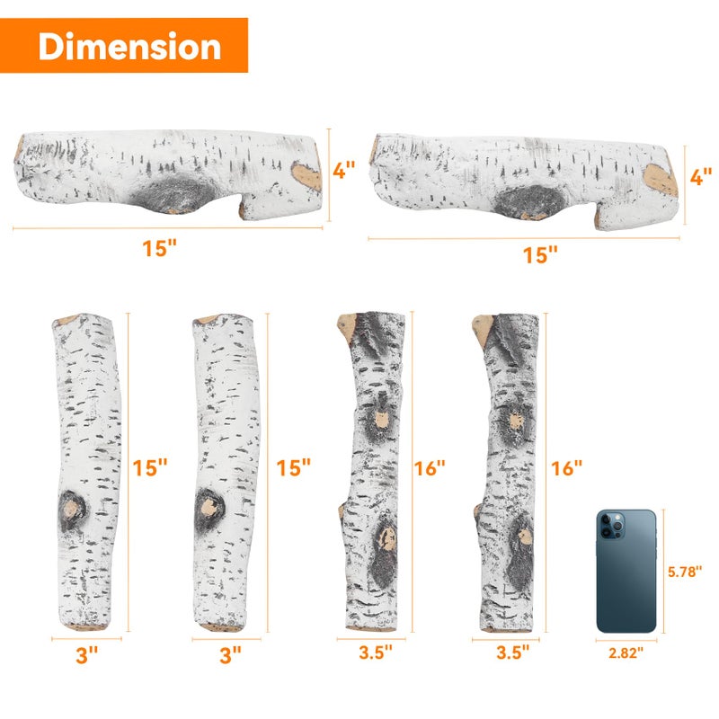 Skyflame 6 Piece Set of Gas Fireplace Logs, Large White Birch Ceramic Logs for All Types of Indoor/Outdoor Gas Inserts, Ventless, Fireplaces and Fire Pits - Image 2